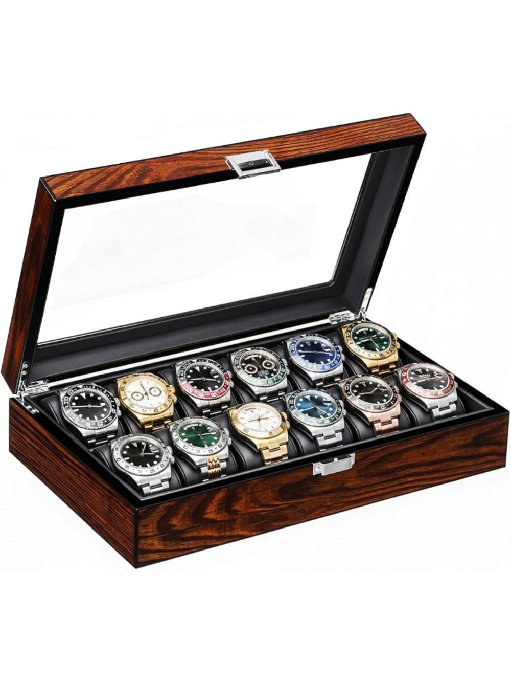 12-Slot Watch Box with Glass Lid | Elegant Storage Case for Watches